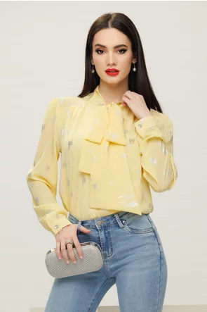 Bluza dama eleganta Fofy galbena cu imprimeu argintiu si esarfa innodata