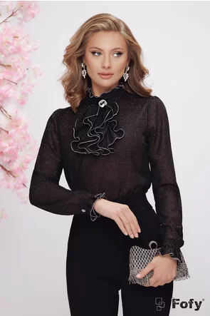 Bluză dama eleganta Fofy neagra din voal cu glitter fin cu jabou conturat cu lurex argintiu