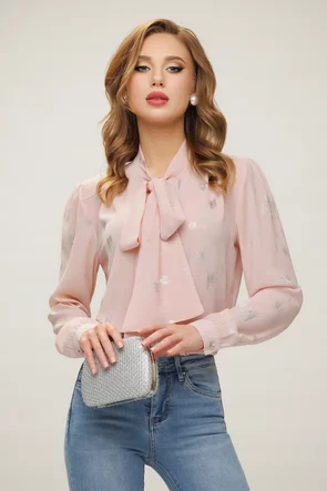 Bluza dama eleganta Fofy roz cu imprimeu argintiu si esarfa innodata