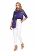 Bluza dama eleganta Fofy si satin premium albastru cu fronseuri asimetrice si imprimeu frunze stilizate