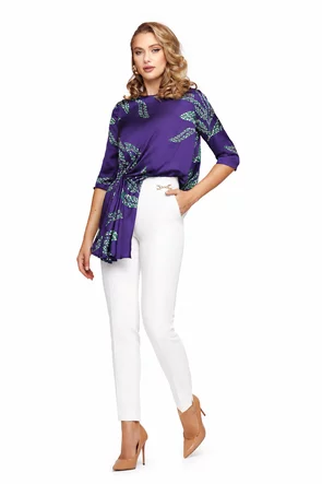 Bluza dama eleganta Fofy si saten premium albastru cu fronseuri asimetrice si imprimeu frunze stilizate