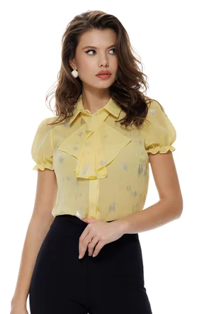 Bluza dama eleganta galbena cu imprimeu argintiu Fofy cu jabou detasabil  si maneca scurta