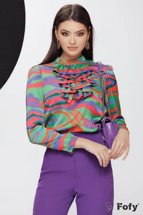 Bluza dama eleganta multicolora Fofy din voal satinat cu jabou elegant