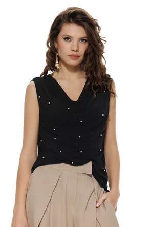 Bluza dama eleganta neagra din vascoza premium elastica cu perle argintii
