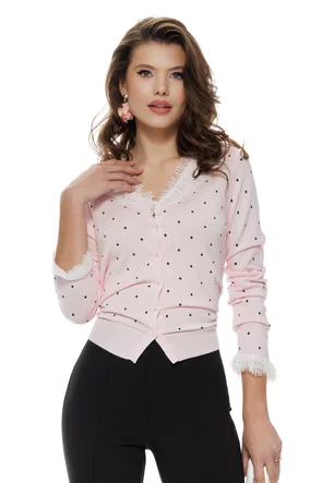 Bluza dama eleganta roz cu buline din vascoza premium cu contururi din dantela si nasturi perla