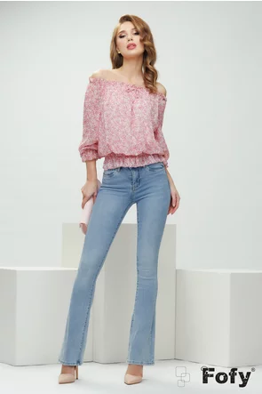 Bluza dama eleganta roz cu imprimeu floral elastic in talie decolteu pe umeri