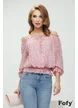 Bluza dama eleganta roz cu imprimeu floral elastic in talie decolteu pe umeri