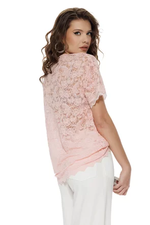 Bluza dama eleganta roz din dantela premium elastica cu aplicatii de perle