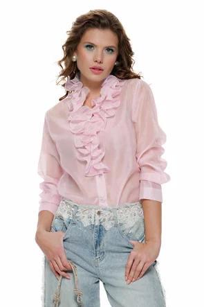 Bluza dama eleganta roz din matase de tencel cu jabou involanat