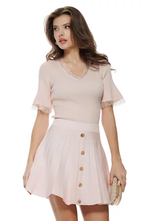 Bluza dama eleganta roz din vascoza premium cu contururi din dantela fina