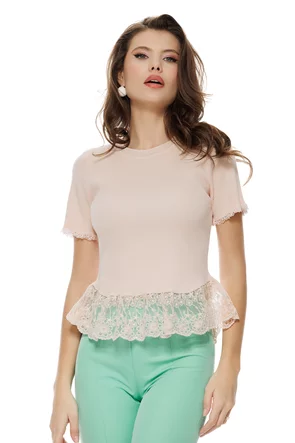 Bluza dama eleganta roz din vascoza premium cu peplum din dantela