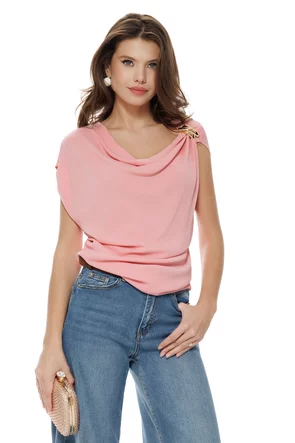 Bluza dama eleganta roz premium cu guler fald si accesoriu metalic detasabil