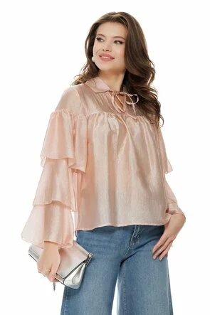 Bluza dama eleganta roz premium din matase acetat cu guler si maneci cu volane suprapuse