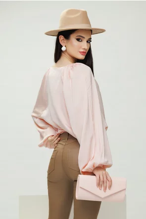 Bluza dama eleganta roz satinata cu decupaje sofisticate si aplicatii de margele