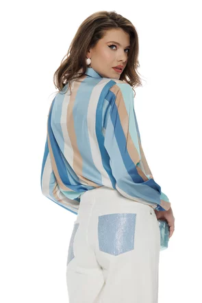 Bluza dama eleganta satinata cu dungi late in nuante de albastru