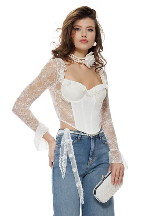 Bluza dama eleganta stil corset din dantela alba elastica premium cu volane la maneci
