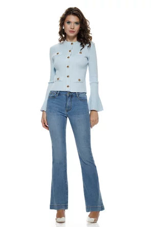 Bluza dama eleganta stil jacheta din tricot baby blue  premium cu maneca clopotel plisat