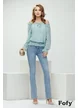 Bluza dama eleganta verde menta cu imprimeu floral elastic in talie decolteu pe umeri