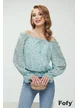 Bluza dama eleganta verde menta cu imprimeu floral elastic in talie decolteu pe umeri