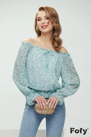 Bluza dama eleganta verde menta cu imprimeu floral elastic in talie decolteu pe umeri