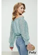 Bluza dama eleganta verde menta cu imprimeu floral elastic in talie decolteu pe umeri