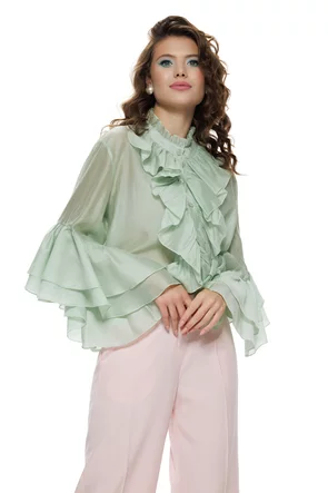 Bluza dama eleganta verde menta din matase de tencel cu jabou si volane