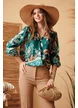 Bluza dama elganta din saten fin imprimeu bohemian verde cu decolteu petrecut si elastic in talie