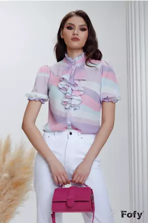 Bluză dama Fofy imprimeu multicolor pastel cu jabou