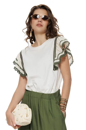 Bluza dama ivoire din bumbac premium maneci brodate cu contur olive