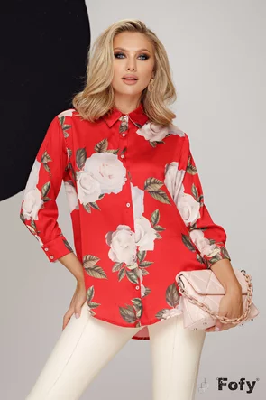 Bluza dama moderna satinata rosie cu croi lejer si imprimeu floral nude 