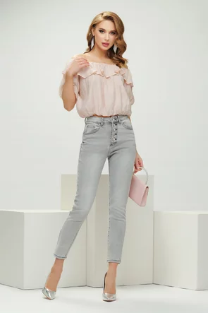 Bluza dama roz din voal premium cu aplicatii de strasuri pe umeri si maneci bufante