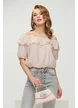 Bluza dama roz din voal premium cu aplicatii de strasuri pe umeri si maneci bufante