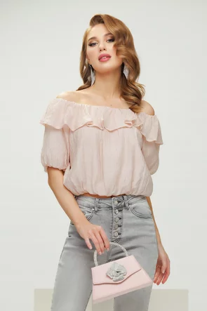 Bluza dama roz din voal premium cu aplicatii de strasuri pe umeri si maneci bufante