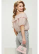 Bluza dama roz din voal premium cu aplicatii de strasuri pe umeri si maneci bufante