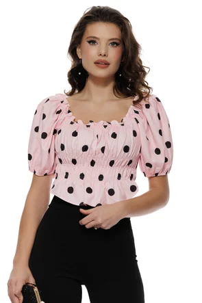 Bluză damă roz retro cu buline negre și mâneci bufante