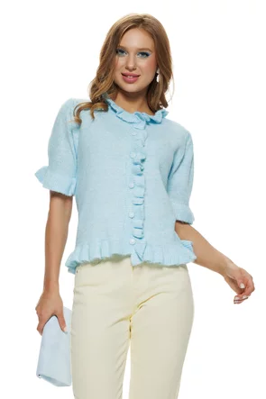 Bluza dama tricotata baby blue premium cu volane romantice si nasturi in ton