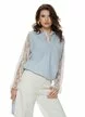 Bluza dama tricotata bleu premium cu maneca si revere de dantela chantily
