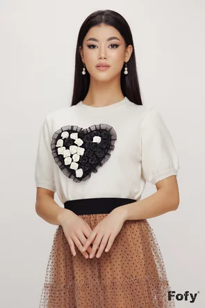 Bluza dama tricotata crem premium cu inima 3D