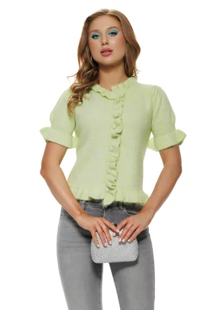 Bluza dama tricotata fistic premium cu volane romantice si nasturi in ton