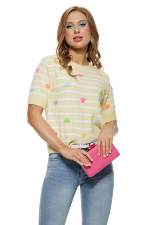 Bluza dama tricotata galben premium cu inimioare brodate multicolore