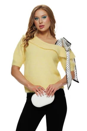 Bluza dama tricotata galben premium cu volan si esarfe cu buline