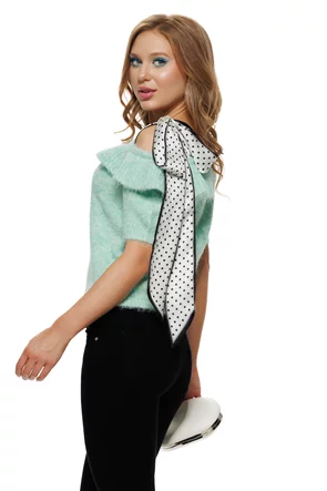 Bluza dama tricotata menta premium cu volan si esarfe cu buline