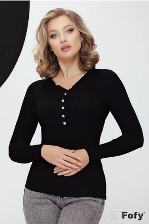 Bluza dama tricotata neagra cu decolteu conturat cu volanase si nasturasi cu strass