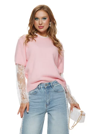 Bluza dama tricotata roz premium cu maneca si volanas de dantela alba