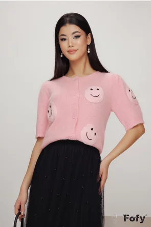 Bluza dama tricotata roz premium cu smiley face