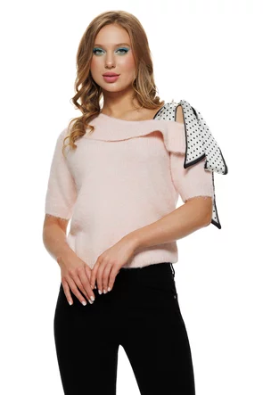 Bluza dama tricotata roz premium cu volan si esarfe cu buline