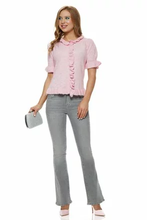 Bluza dama tricotata roz premium cu volane romantice si nasturi in ton