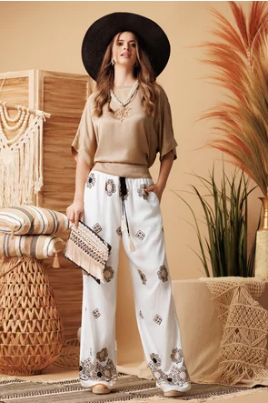 Bluza de vara bej din matase satinata de vascoza maneca fluture
