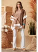 Bluza de vara larga din vascoza bej cu contururi albe si colier boho