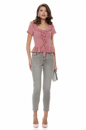 Bluza eleganta din tricot premium roz cu volane delicate